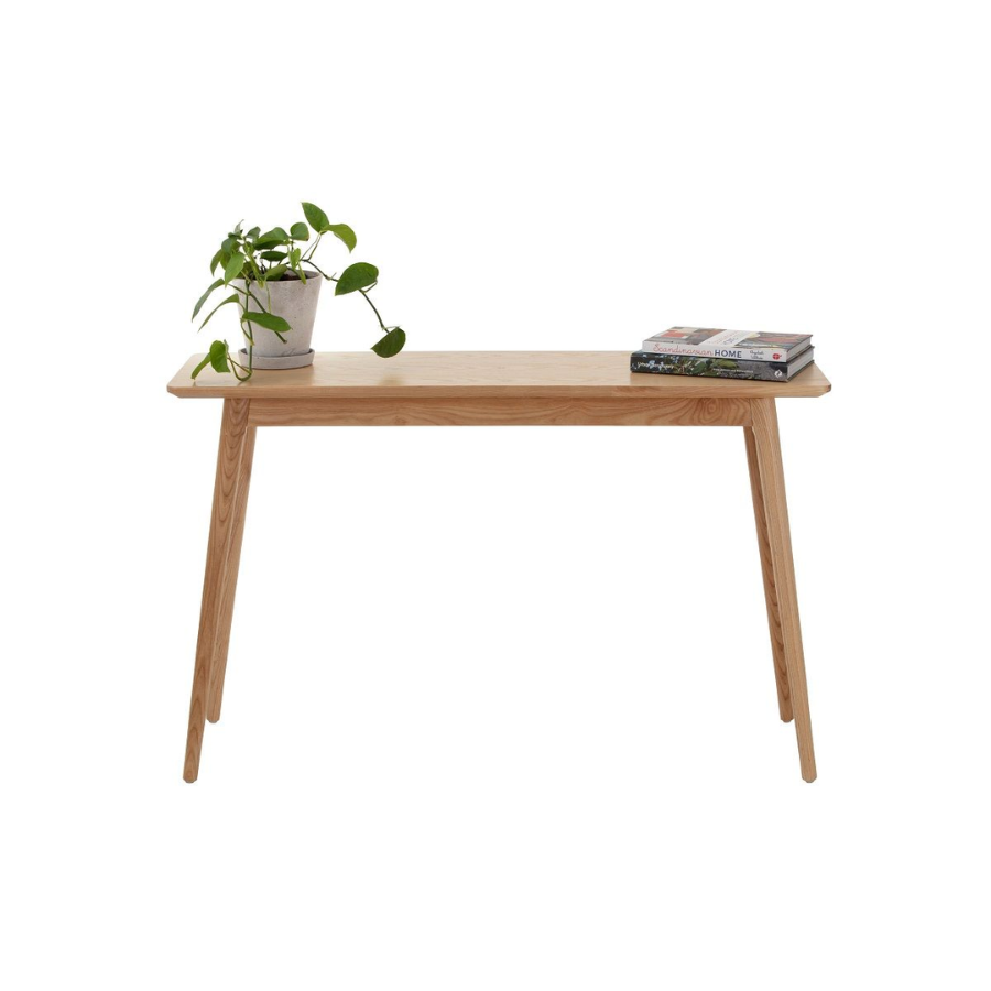 Simple light natural timber hallway table 120cm long, 38cm deep and 75cm high, with natural timber tapered legs