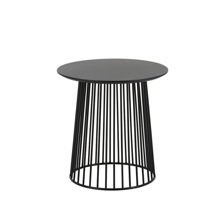 Cylindrical side table with round top in black MDF and black caged steel wire base, base tapers slightly towards top, 51cm high and 50cm diameter top