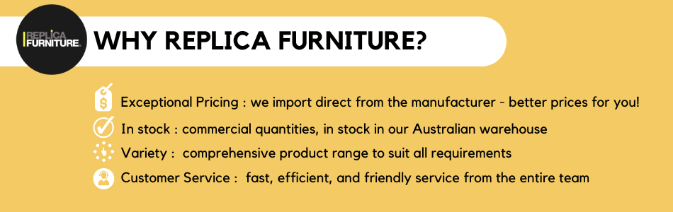 Yellow background with text about Replica Furniture