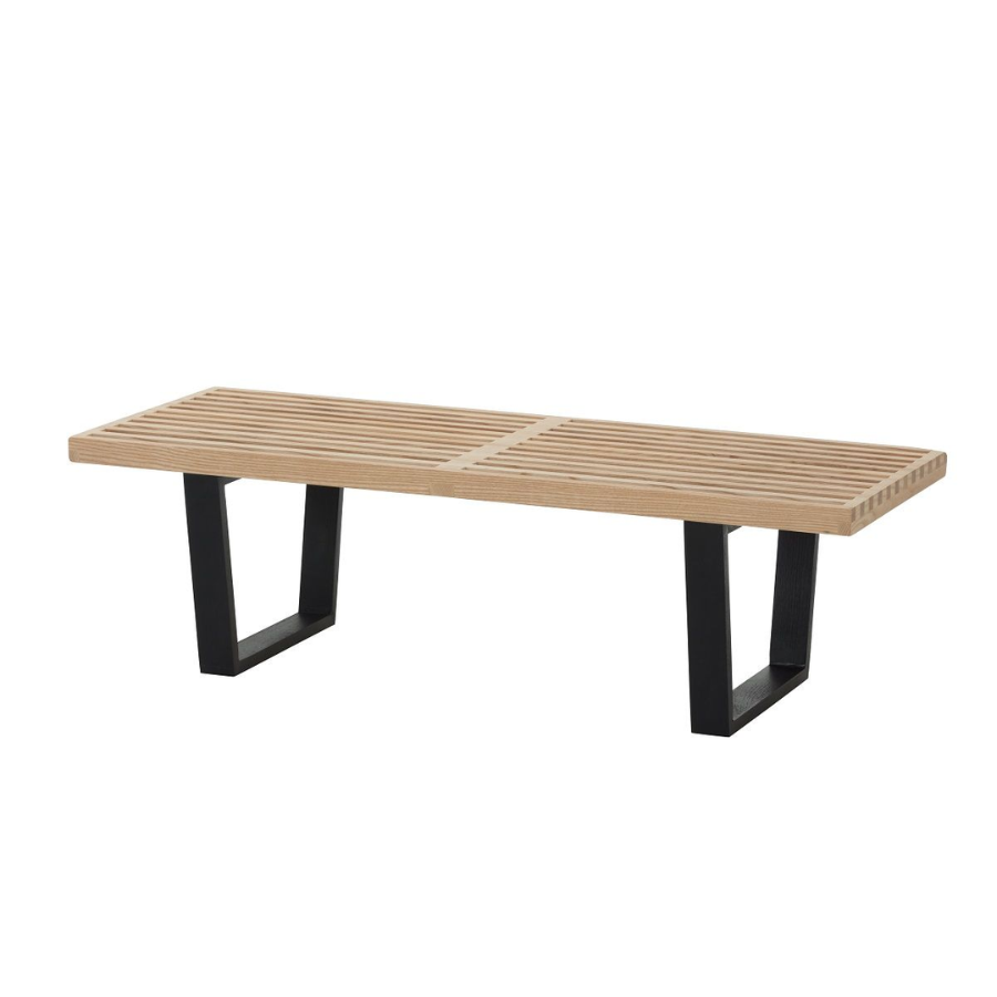Light natural timber bench 152cm long, 47cm deep and 36cm high with slatted top and 2 inset solid timber leg ends painted black