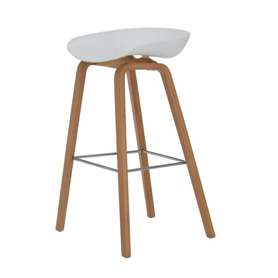 Kitchen counter stool with light natural timber legs and white moulded plastic seat with curved edge rising higher at the back, silver chrome footrest rail, seat height 65cm, overall height 76cm, 50cm wide, 43cm deep