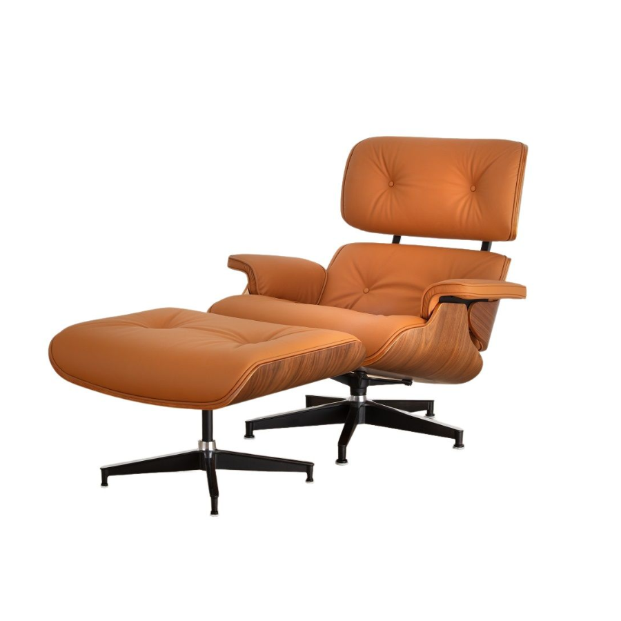 Italian Tan Leather Single Lounge Chair, with Walnut Veneer frame and Leather Upholstered armrests, with matching Ottoman.