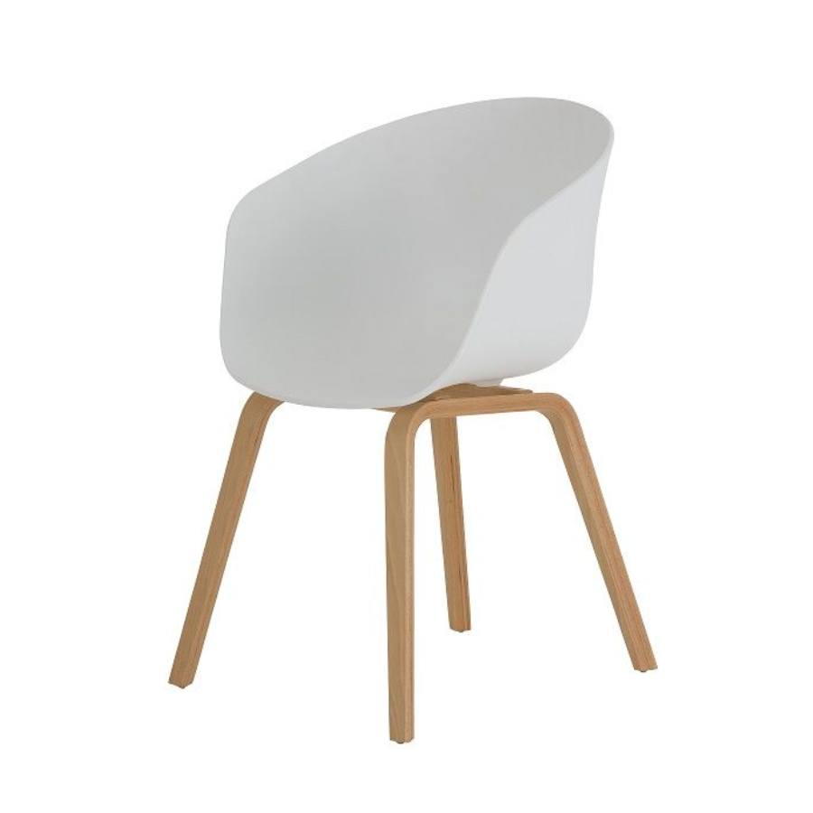 Chair with White Plastic Tub Seat and Natural Timber Four Leg Frame