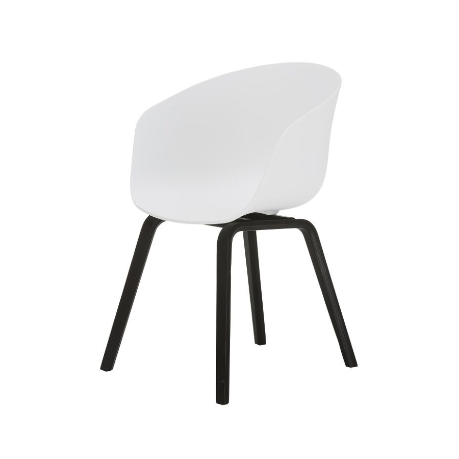 Chair with White Plastic Tub Seat and Black Timber Four Leg Frame