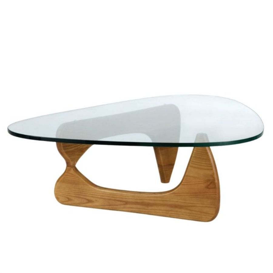 Teardrop shaped glass top coffee table on curved solid timber base