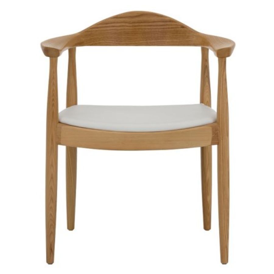 Curved ash timber frame dining chair with padded white leather seat