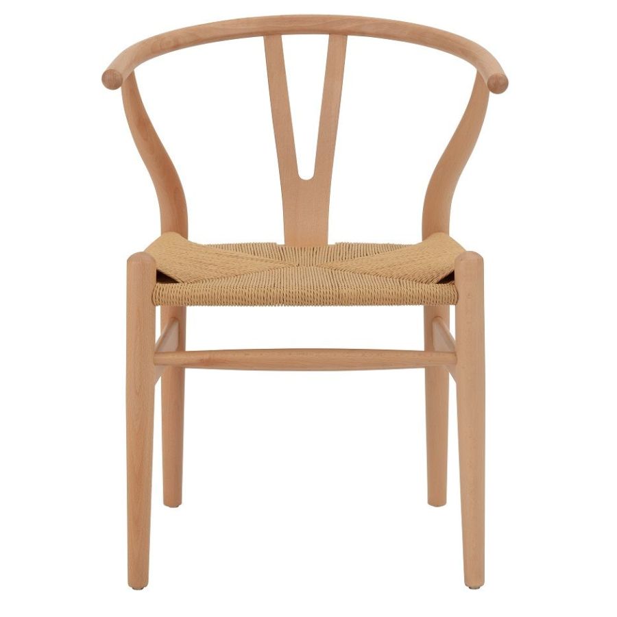 Curved wishbone ash timber frame dining chair with cord seat